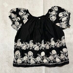 Black and White Floral Embroidered Blouse